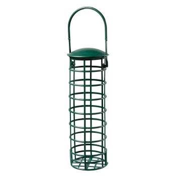 Grüner Metallvogelhaus mit zylindrischer Form und gewölbtem Dach, zum Aufhängen im Freien konzipiert.