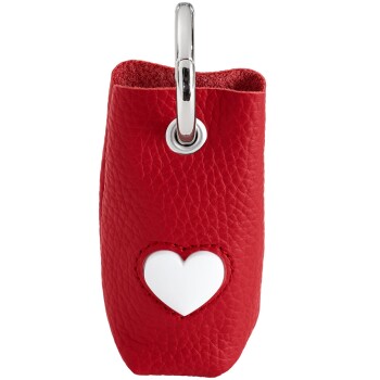 Roter Leder-Schlüsselanhänger mit Hundekotbeutelspender, weißem Herzemblem und silbernem Metallclip.
