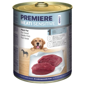 Canned dog food "Premiere Meati Sensitive" with pure horse meat, grain-free and gluten-free for dogs with sensitive stomachs.