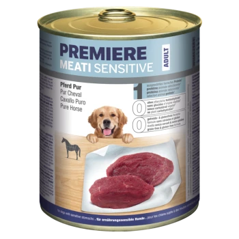 Dosen-Hundefutter "Premiere Meati Sensitive" mit reinem Pferdefleisch, getreidefrei und glutenfrei für Hunde mit empfindlichem Magen.