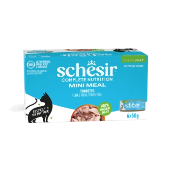 Schesir Complete Nutrition Mini Meal Thunfisch in Gelee 6x50 g, blaue Schachtel mit Katzensilhouette, ‚Respect My Nature‘.