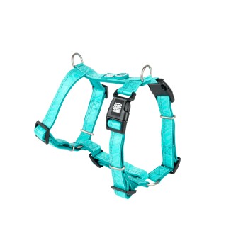 Türkisfarbenes verstellbares Hundegeschirr mit schwarzer Schnalle und Metallringen, beschriftet mit „Merry Mogs“ auf der Schnalle.