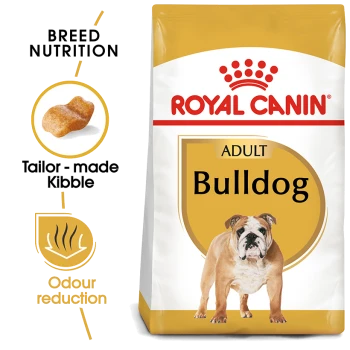 Royal Canin Adult Bulldog dog food bag featuring a bulldog image, with text highlighting breed nutrition, tailor-made kibble, and odour reduction.