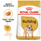 Royal Canin Adult Bulldog dog food bag featuring a bulldog image, with text highlighting breed nutrition, tailor-made kibble, and odour reduction.