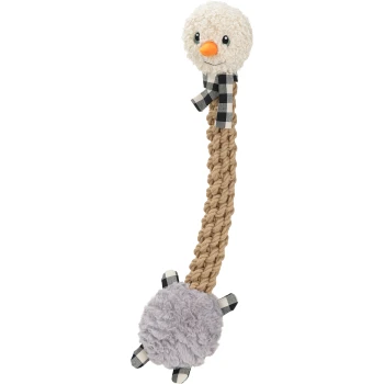 Ein plüschiges Hundespielzeug mit einem flauschigen Vogelkopf mit Schnabel, einem geflochtenen Seilkörper und einer runden, weichen grauen Basis, verziert mit karierten Akzenten.