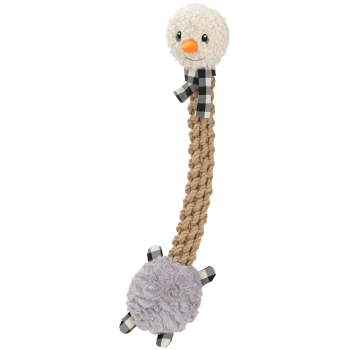 Ein plüschiges Hundespielzeug mit einem flauschigen Vogelkopf mit Schnabel, einem geflochtenen Seilkörper und einer runden, weichen grauen Basis, verziert mit karierten Akzenten.