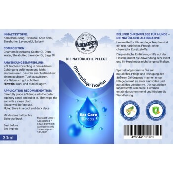 Ohrpflegestropfen für Hunde, mit einem blauen Tropfendesign. Enthält Kamille, Rizinusöl und Lavendelöl. Anweisungen in Deutsch und Englisch.