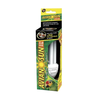 Kompakte Leuchtstofflampe für Vögel, beschriftet mit "AVIAN SUN 5.0 UVB," mit Vollspektrumlicht, 26 Watt und Gebrauchsanweisungen.