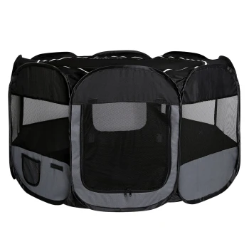 Welpenauslauf aus Oxfordgewebe grau Schwarzer und grauer Haustierspielbereich mit Netzpaneelen und Reißverschlusstüren, entworfen für den Innen- oder Außenbereich.