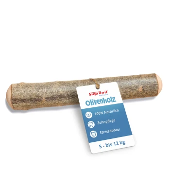 Ein realistisches Hundekauspielzeug in Form eines Stocks, mit einer strukturierten braunen Oberfläche und abgerundeten Enden, vor einem weißen Hintergrund.