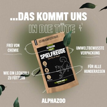 Verpackung der "Spielfreude" Hundetabletten von Alphazoo, mit umweltfreundlichen Ansprüchen und Text, der chemiefreie Zutaten hervorhebt.