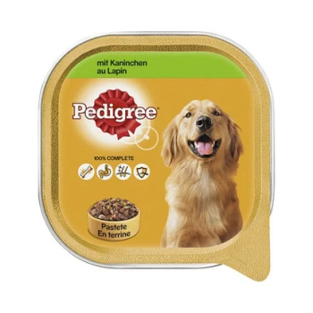 Verpackung von Hundefutter mit einem lächelnden Golden Retriever, mit dem Hinweis, dass es Kaninchen enthält und 100% vollständig ist.