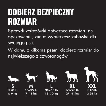 Poradnik rozmiarów sklepu zoologicznego online: polski nagłówek 'DOBIERZ BEZPIECZNY ROZMIAR', krótkie instrukcje, sylwetki psów oznaczone S M L XL XXL z zakresami w lb/kg