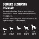 Poradnik rozmiarów sklepu zoologicznego online: polski nagłówek 'DOBIERZ BEZPIECZNY ROZMIAR', krótkie instrukcje, sylwetki psów oznaczone S M L XL XXL z zakresami w lb/kg