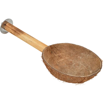 Natürlicher Kokosnussschalen-Haustierfutterlöffel mit Holzgriff, ideal zum Servieren von Haustierfutter.