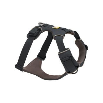 Schwarzes Hundegeschirr mit verstellbaren Riemen und gepolstertem Brustbereich, mit einem Metall-D-Ring zur Leinenbefestigung.