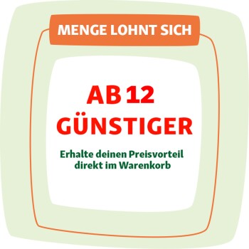 Werbegrafik mit der Aufschrift 'AB 12 GÜNSTIGER' und der Nachricht 'Erhalte deinen Preisvorteil direkt im Warenkorb' für Rabatte auf Haustierprodukte in großen Mengen.