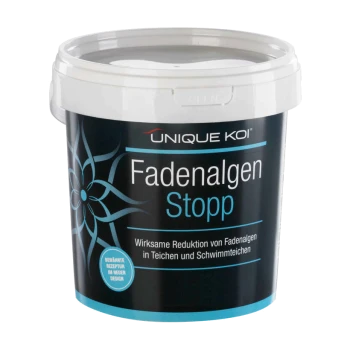 Pojemnik Unique Koi Fadenalgen Stopp, produkt do redukcji nitkowatych glonów w stawach, z czarno-niebieskim wzornictwem.