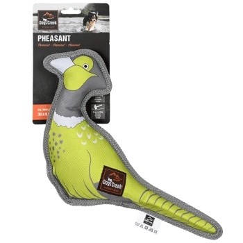 Ein grünes und graues Plüschhundespielzeug in Form eines Fasan, beschriftet mit 'Dog's Creek', mit einem Anhängeschild, das das Wort 'PHEASANT' zeigt.