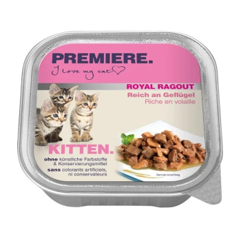 Royal Ragout Kitten Bogata w drób 16x100 g Opakowanie karmy dla kotów z trzema figlarnymi kociętami, oznaczone 'Premiere. I love my cat', z 'Royal Ragout' i 'Kitten' wyraźnie wyeksponowanymi.