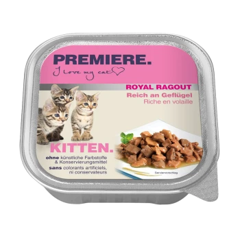 Katze Futterverpackung mit drei verspielten Kätzchen, beschriftet mit 'Premiere. Ich liebe meine Katze', mit 'Royal Ragout' und 'Kätzchen' deutlich angezeigt.