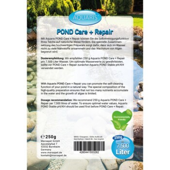 Aquaris POND Care + Repair Produktverpackung mit einem ruhigen Teichhintergrund, Dosierungsempfehlungen und Umweltansprüchen.