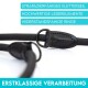 Nahaufnahme einer strapazierfähigen Haustierleine mit hochwertigen Lederelementen und stabilen Ringen, mit Text, der ihre hochwertige Verarbeitung hervorhebt.