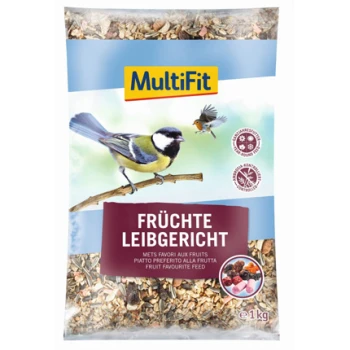 A 1kg bag of MultiFit bird food featuring a colorful design with images of birds and fruits, labeled "Früchte Leibgericht" (Fruit Favorite Feed).