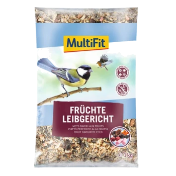 A 1kg bag of MultiFit bird food featuring a colorful design with images of birds and fruits, labeled "Früchte Leibgericht" (Fruit Favorite Feed).