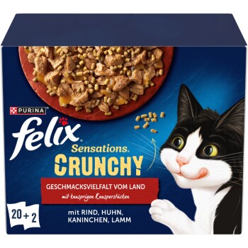 Pudełko karmy Purina Felix Sensations CRUNCHY, miska z chrupiącymi kawałkami i kreskówkowy czarno-biały kot; widoczny napis "20+2".