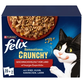 Purina Felix Sensations CRUNCHY Katzenfutter-Packung, Schüssel mit knusprigen Stücken und cartoonartiger schwarz-weißer Katze; sichtbarer Text „20+2“.