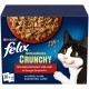 Pudełko karmy Purina Felix Sensations CRUNCHY, miska z chrupiącymi kawałkami i kreskówkowy czarno-biały kot; widoczny napis "20+2".