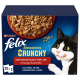 Purina Felix Sensations CRUNCHY Katzenfutter-Packung, Schüssel mit knusprigen Stücken und cartoonartiger schwarz-weißer Katze; sichtbarer Text „20+2“.