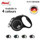 Black flexi retractable dog leash with a silver logo, showcasing available colors below; text reads "Available in 4 colours."