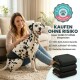 Ein Hund, der ein leuchtend gelbes Geschirr trägt, wird von einer Hand angepasst. Der Text darüber lautet "Perfekter Sitz" und "Hoher Tragekomfort."