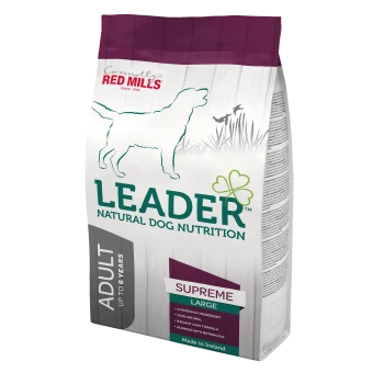 Bag of Leader Natural Dog Nutrition "Supreme" dog food for large adults, featuring a dog silhouette and "Made in Ireland" label.