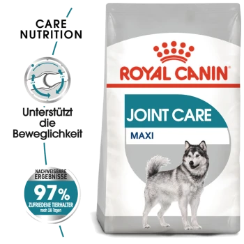 Royal Canin Joint Care Maxi Hundefutterbeutel mit einer Illustration eines sibirischen Huskys, mit Text, der die Pflegeernährung und 97% Zufriedenheit der Besitzer hervorhebt.