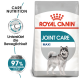 Royal Canin Joint Care Maxi Hundefutterbeutel mit einer Illustration eines sibirischen Huskys, mit Text, der die Pflegeernährung und 97% Zufriedenheit der Besitzer hervorhebt.