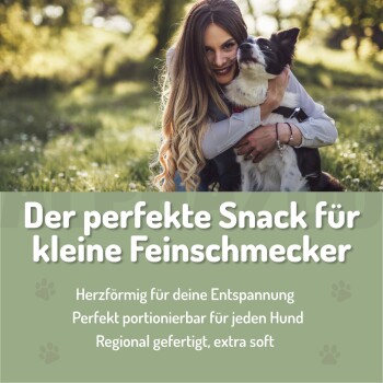 Grüner zylindrischer Behälter mit Hundeleckerlis, beschriftet mit "Yummy Snacks" und einem Pfotenabdruck-Design sowie dem Text "Für Hunde" auf einem dunklen Hintergrund.