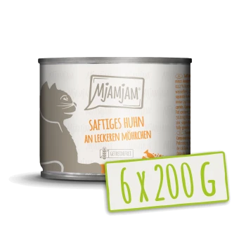 Dose MJAMJAM Katzenfutter mit Katzensilhouette; Aufschrift 'Saftiges Huhn an leckeren Möhrchen' und '6 x 200 g'