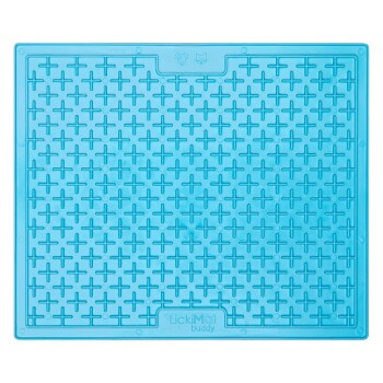 Blaues Silikon-Leckmatte für Haustiere mit einem strukturierten Kreuzmuster, mit der Aufschrift "LickiMat buddy" am unteren Rand.
