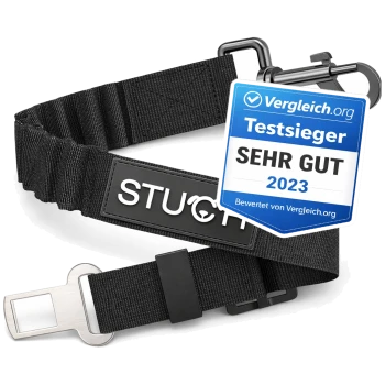 Schwarzer Haustier-Sicherheitsgurt mit einem stabilen Clip und einem Logo-Patch, auf dem "STUCH" steht.