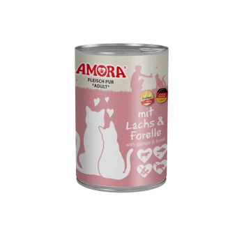 Dose AMORA Katzenfutter, rosa Etikett mit weißen Katzensilhouetten; Aufschrift 'mit Lachs & Forelle' ('with salmon & trout') und 'FLEISCH PUR *ADULT*'.