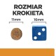 Obrazek pokazujący dwa rozmiary krokietów: jeden okrągły krokiet (11mm) obok niebieskiej kostki (16mm) do porównania rozmiarów, z tekstem "ROZMIAR KROKIETA".