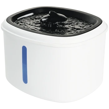 White pet water fountain with black bubbling top and blue water-level window