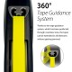 Image of a pet product with a 360° Tape Guidance System. Yellow tape extends from a black device, highlighting its jam-free feature.