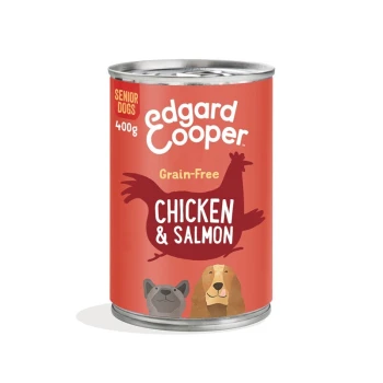 Boîte de nourriture pour chiens Edgard Cooper pour chiens seniors, 400g, sans céréales, avec du poulet et du saumon, illustrée par un chien et un chat.