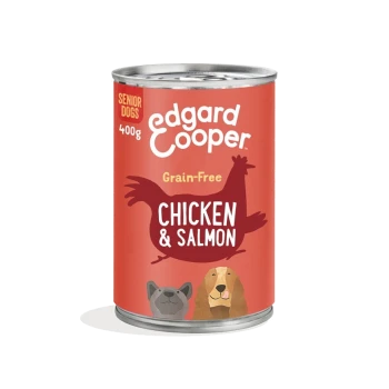 Boîte de nourriture pour chiens Edgard Cooper pour chiens seniors, 400g, sans céréales, avec du poulet et du saumon, illustrée par un chien et un chat.