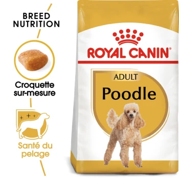 Un sac de nourriture pour chien Royal Canin Adult Poodle avec une illustration de caniche, avec un texte mettant en avant la nutrition de la race et la santé du pelage.