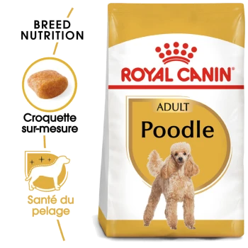 Un sac de nourriture pour chien Royal Canin Adult Poodle avec une illustration de caniche, avec un texte mettant en avant la nutrition de la race et la santé du pelage.